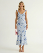 Women's blue floral spaghetti strap midi dress – backless V-neck summer dress