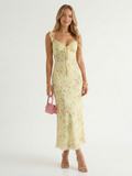 Women's floral spaghetti strap midi dress in yellow – backless V-neck front view