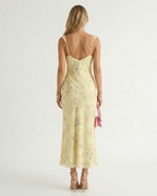Yellow floral backless midi dress for women – spaghetti strap back view