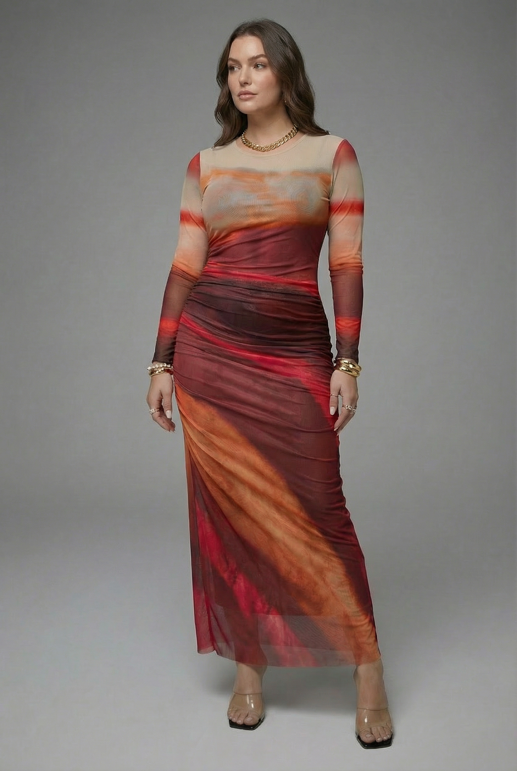 Women's printed long sleeve maxi dress – three-quarter view