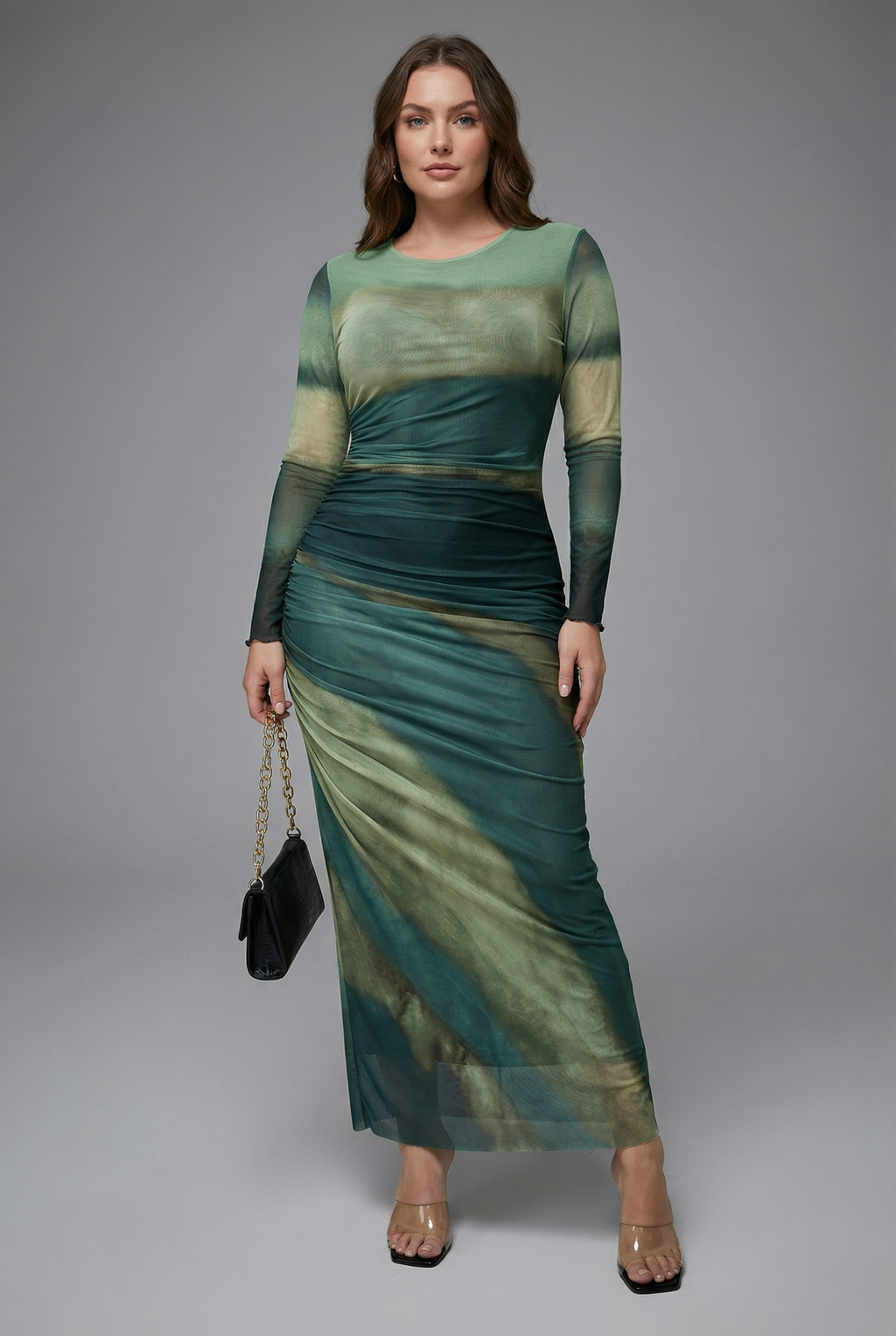 Women's long sleeve bodycon maxi dress with printed finish – front view