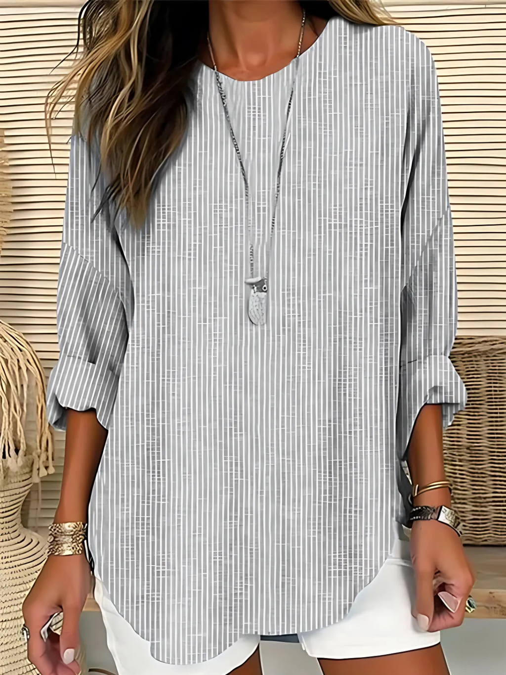 Classic Striped Blouse Relaxed Fit Khaki | Alba Muse