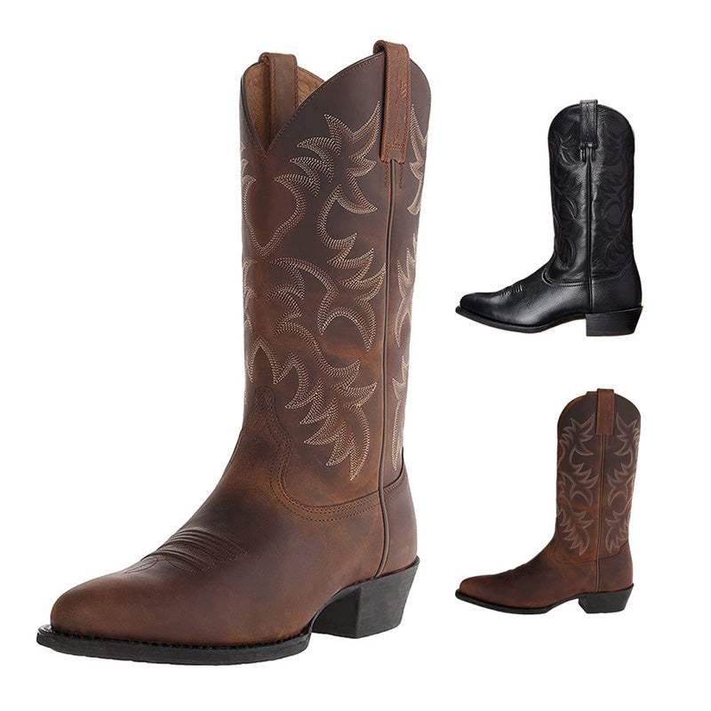 Rugged Genuine Leather Western Boots, Mid-Calf