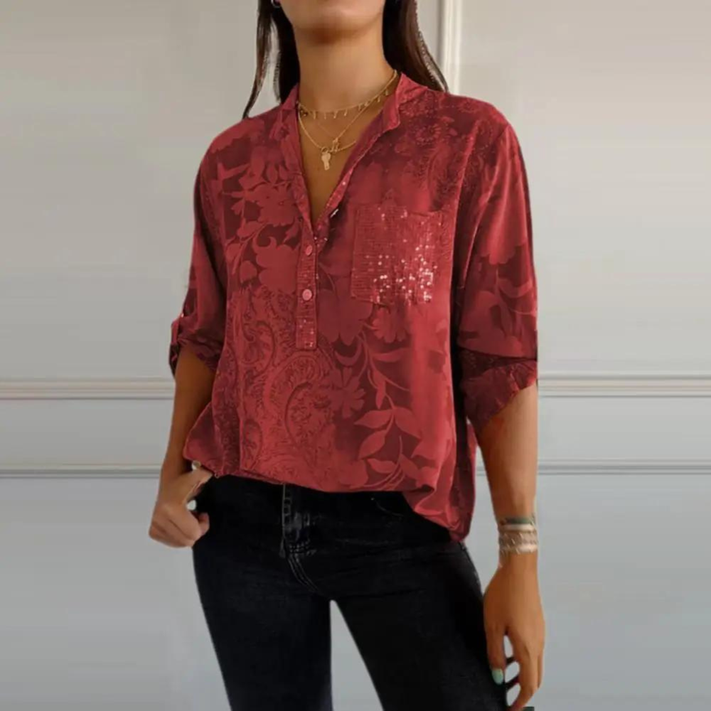 Button-up floral blouse in red, casual chic relaxed fit | Alba Muse