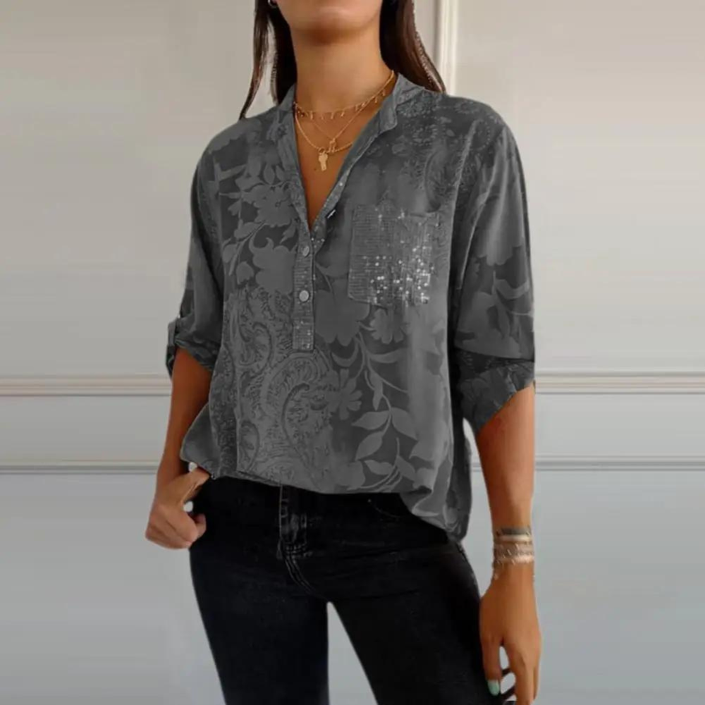 Floral button-up blouse in grey, versatile everyday style | Alba Muse