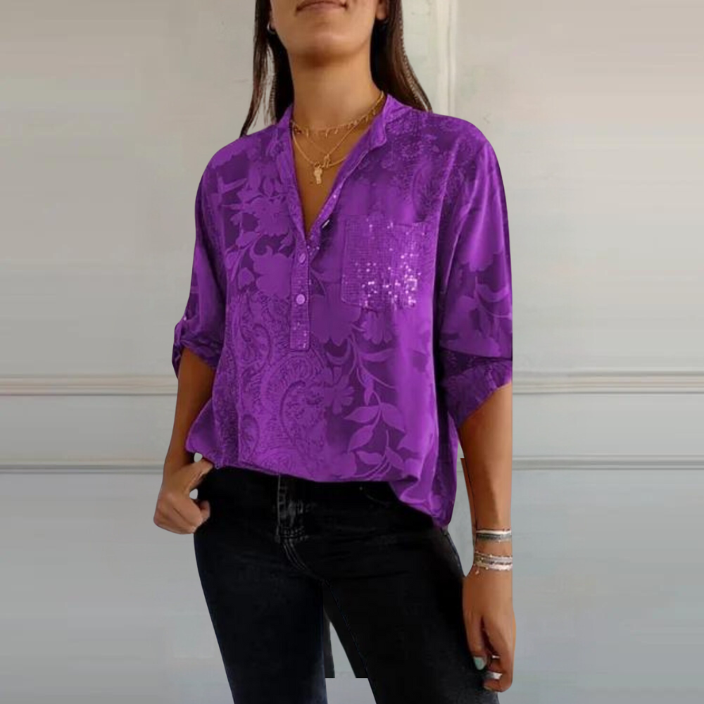 Purple loose fit floral blouse, all-over print detail | Alba Muse