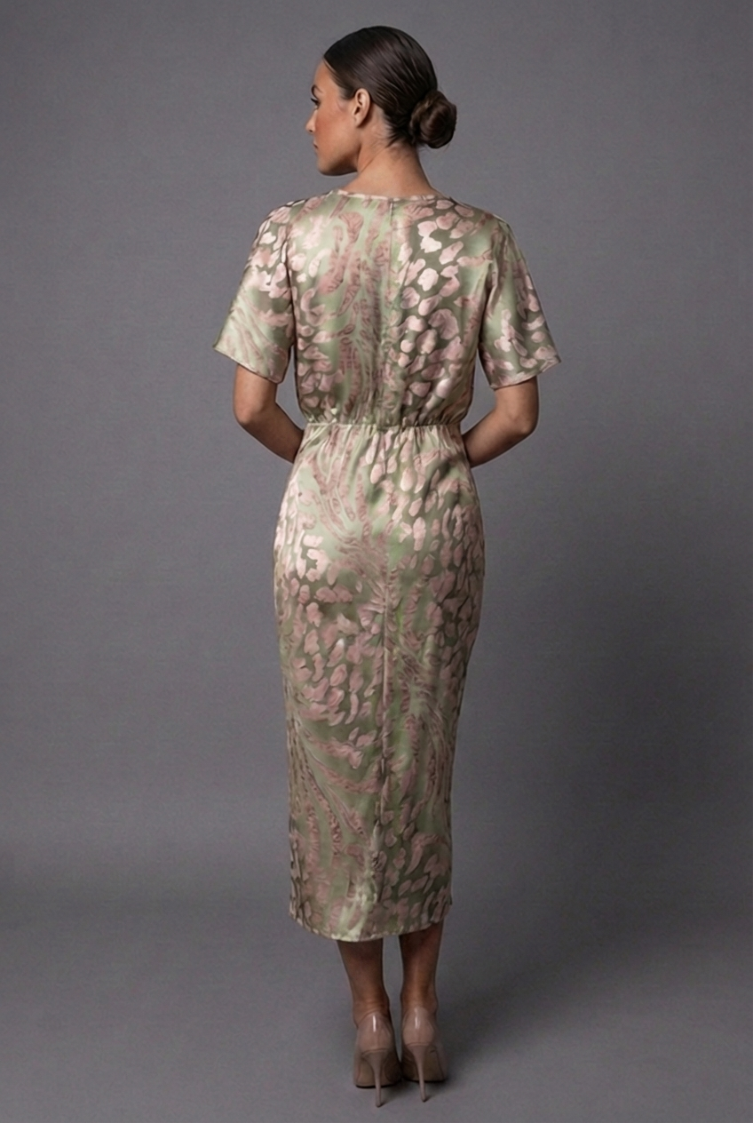 Women's metallic print twist-front midi dress back view