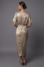 Women's metallic print twist-front midi dress back view