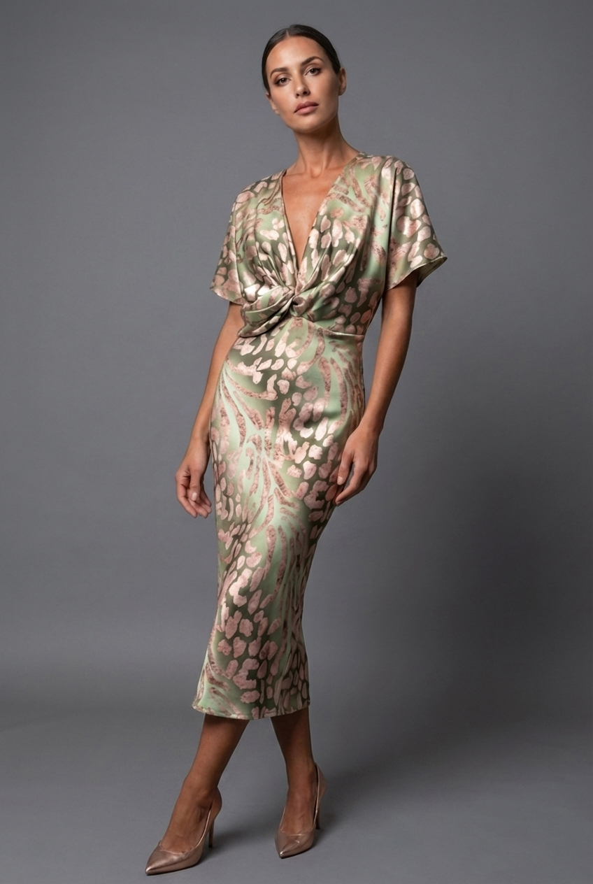 Women's twist-front flutter sleeve V-neck midi dress, front view