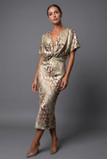 Women's twist-front flutter sleeve V-neck midi dress, front view