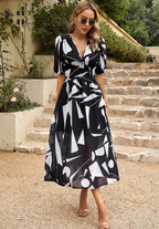 Black geometric print puff sleeve midi dress – full length view