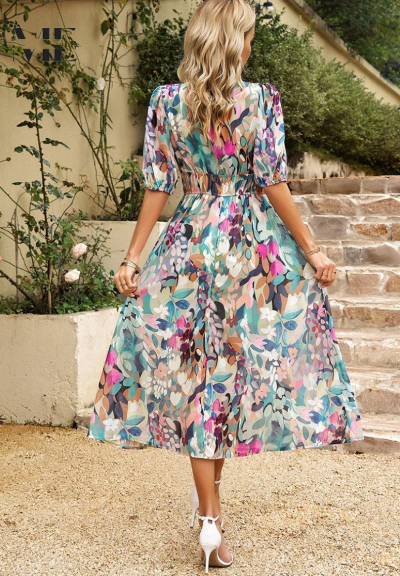 Monica - Floral V-Neck Midi Dress with Short Puff Sleeves