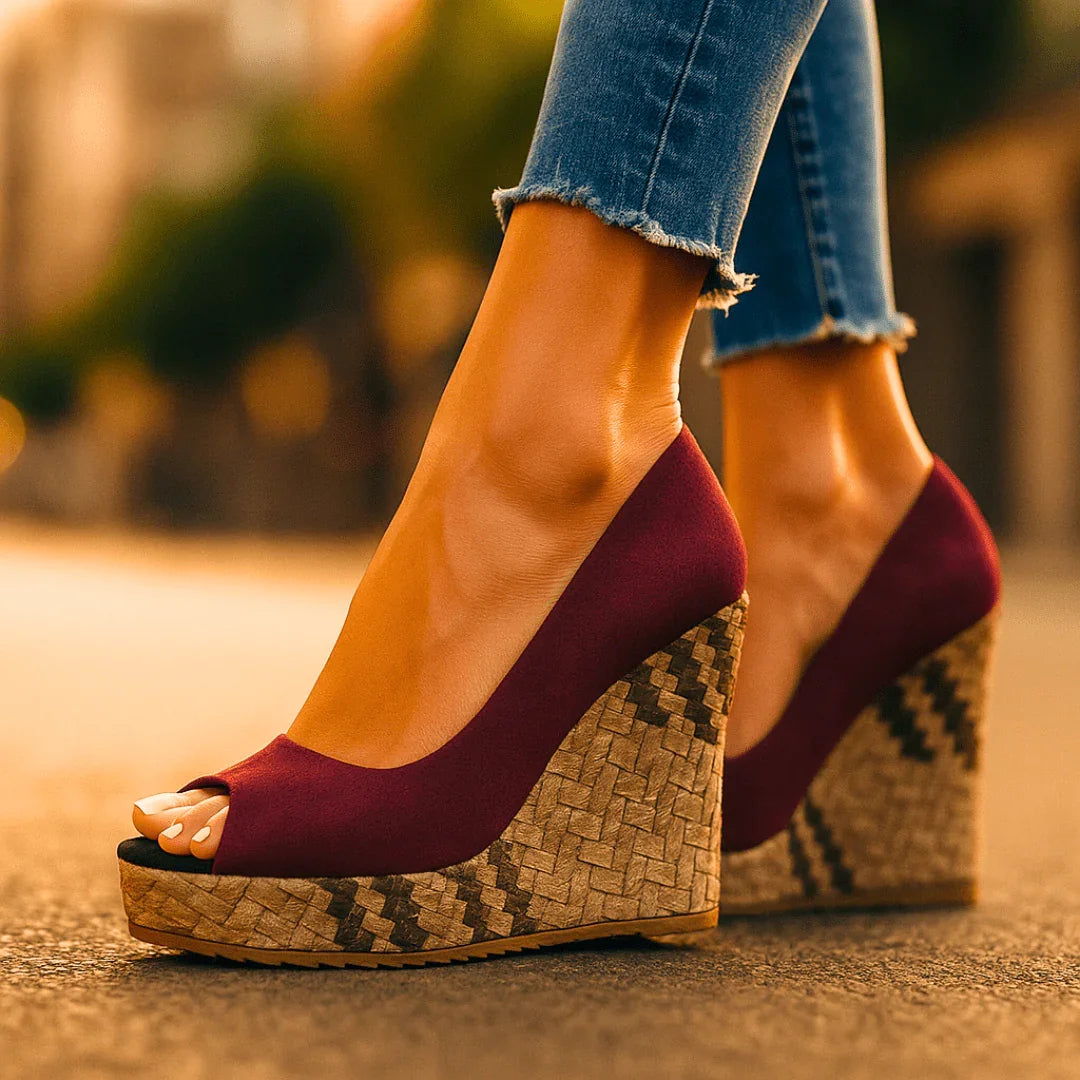 Red Snakeskin-Print Wedge Heels, front view