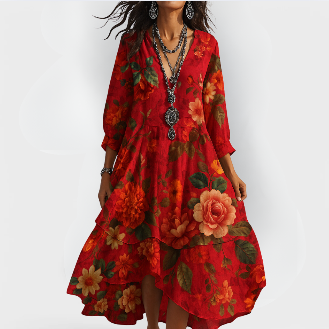 Floral boho midi dress in red, flowing tiered skirt and V-neckline | Alba Muse