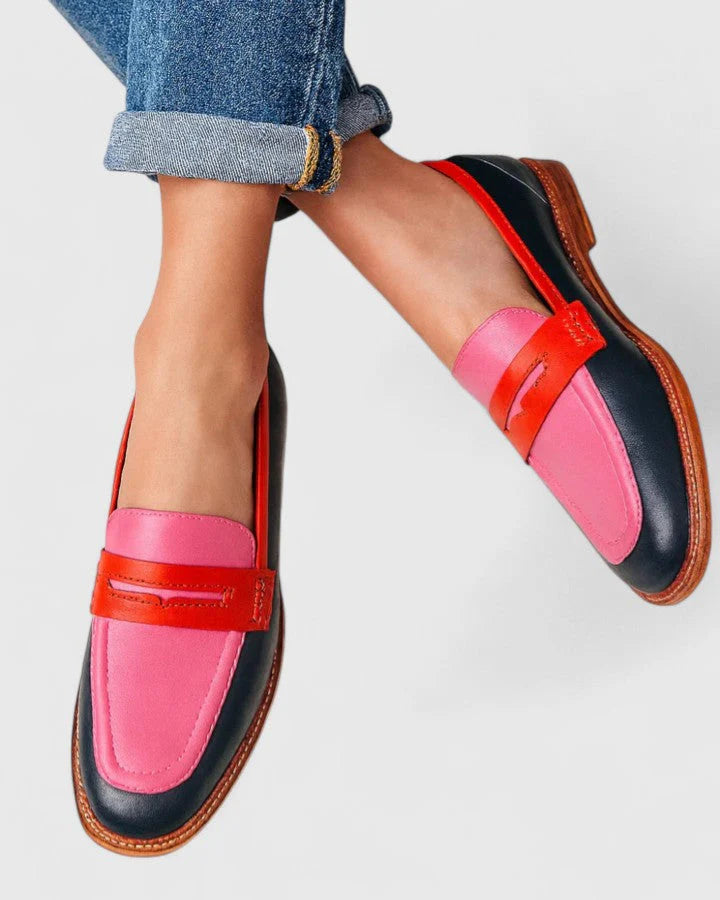 Women's two-tone loafers with penny strap, front view