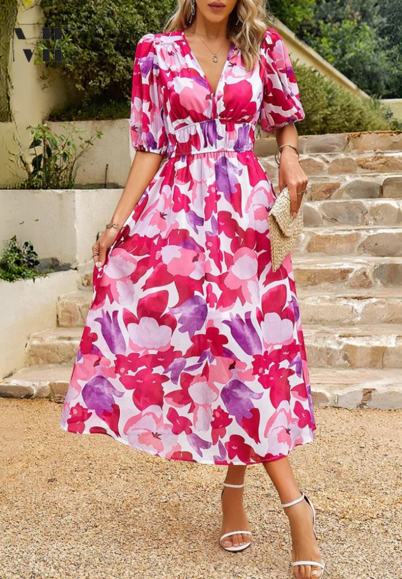 Monica - Floral V-Neck Midi Dress with Short Puff Sleeves