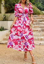 Pink floral puff sleeve V-neck midi dress – full length front view