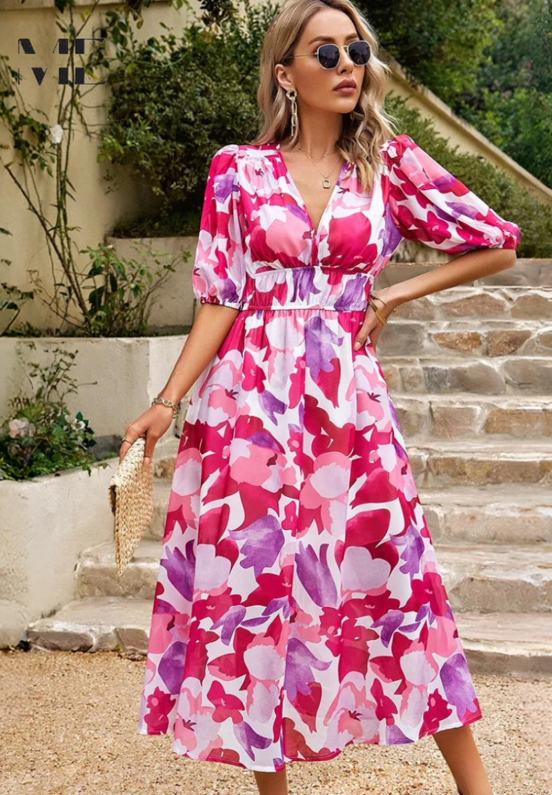 Monica - Floral V-Neck Midi Dress with Short Puff Sleeves