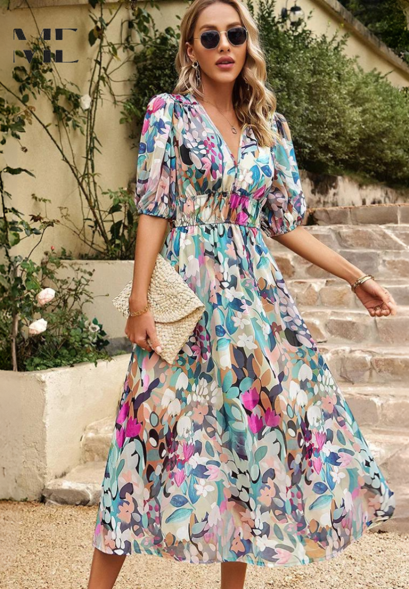 Monica - Floral V-Neck Midi Dress with Short Puff Sleeves