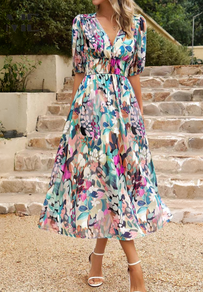 Monica - Floral V-Neck Midi Dress with Short Puff Sleeves