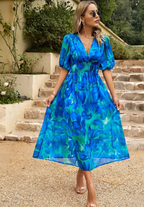 Blue floral puff sleeve midi dress – V-neck full length view