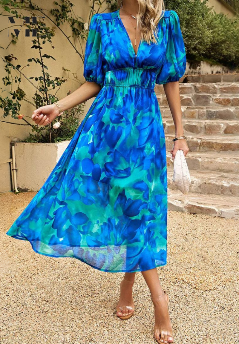 Monica - Floral V-Neck Midi Dress with Short Puff Sleeves