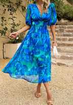 Women's V-neck puff sleeve midi dress – blue floral A-line style