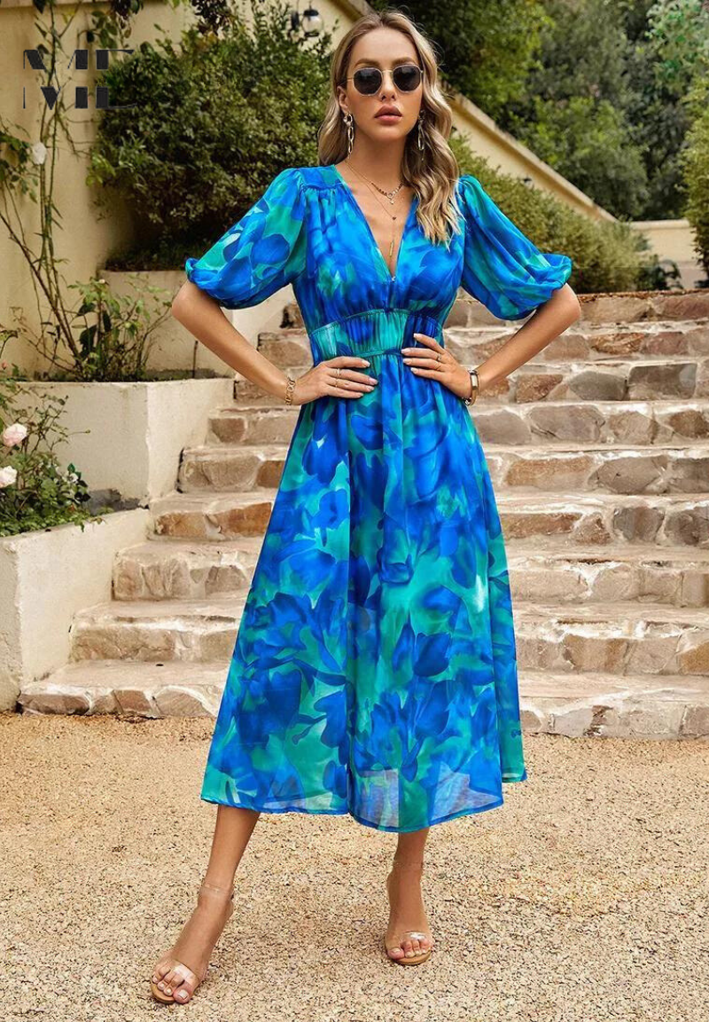 Monica - Floral V-Neck Midi Dress with Short Puff Sleeves