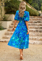 V-neck puff sleeve midi dress – blue floral elasticated waist detail