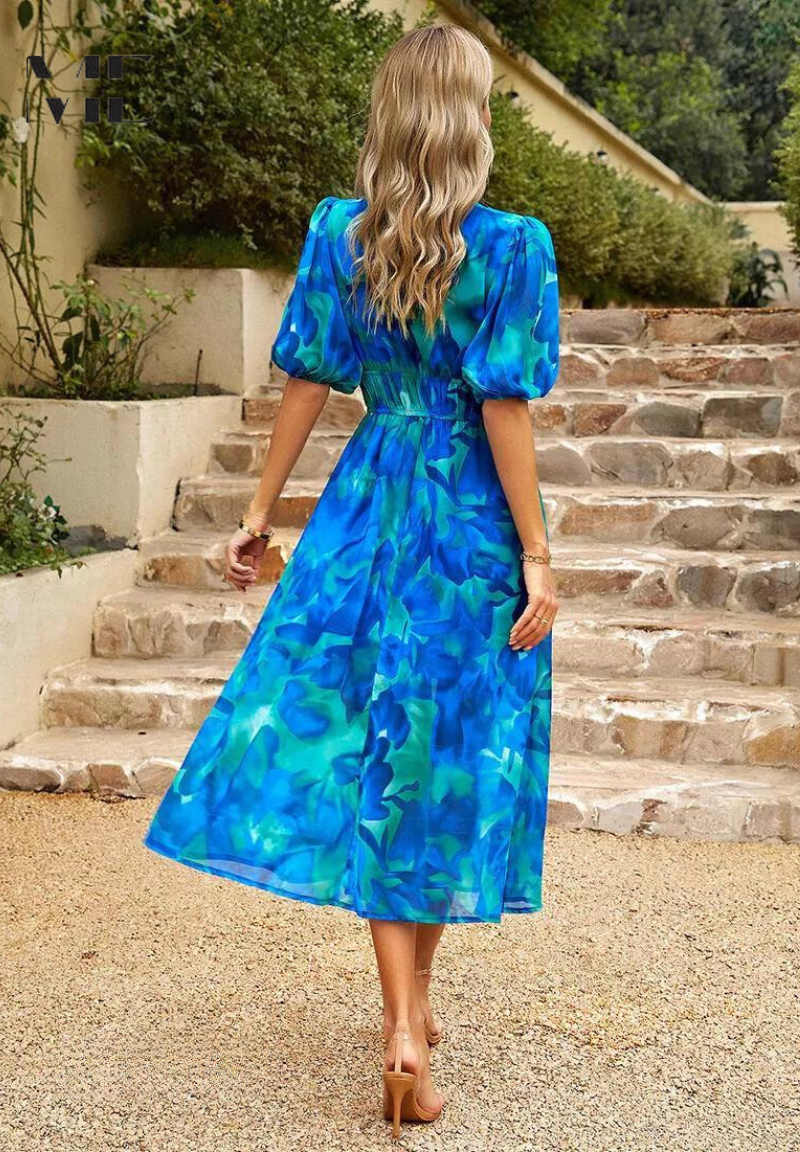 Monica - Floral V-Neck Midi Dress with Short Puff Sleeves