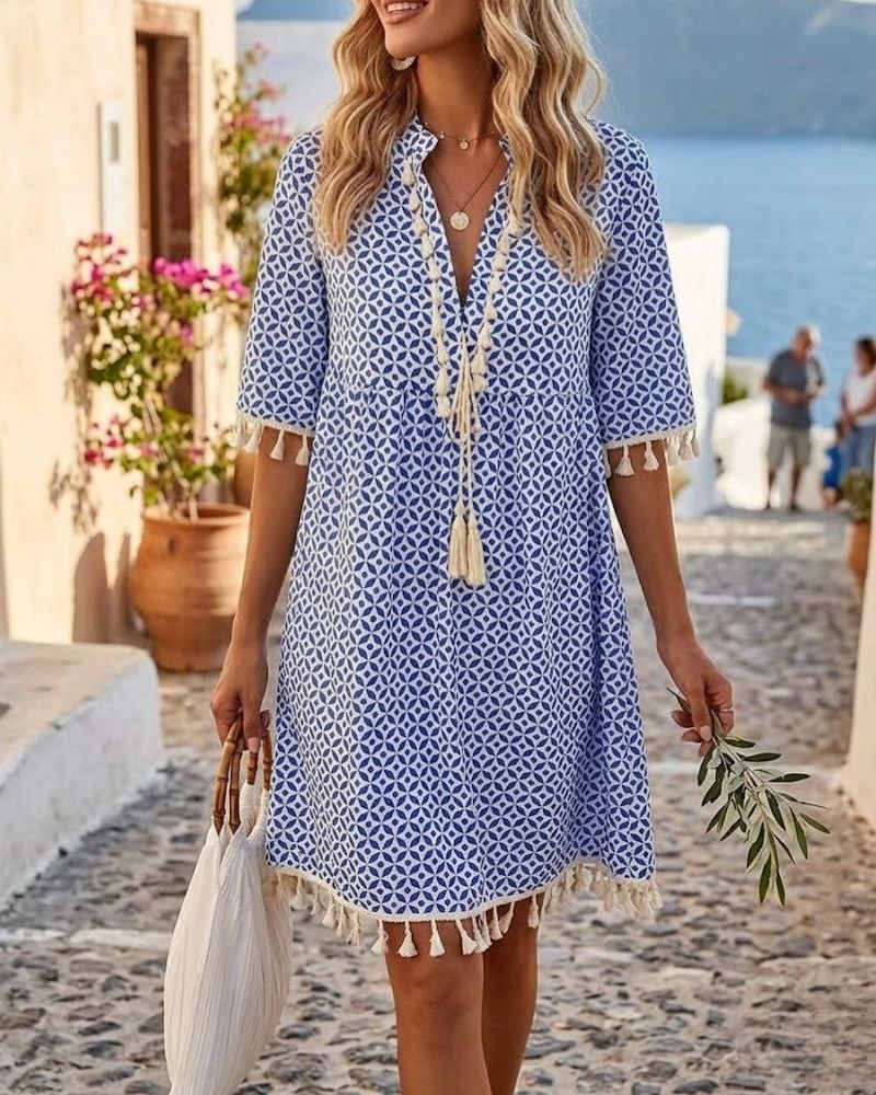 Women's boho geometric print mini tunic dress, front view