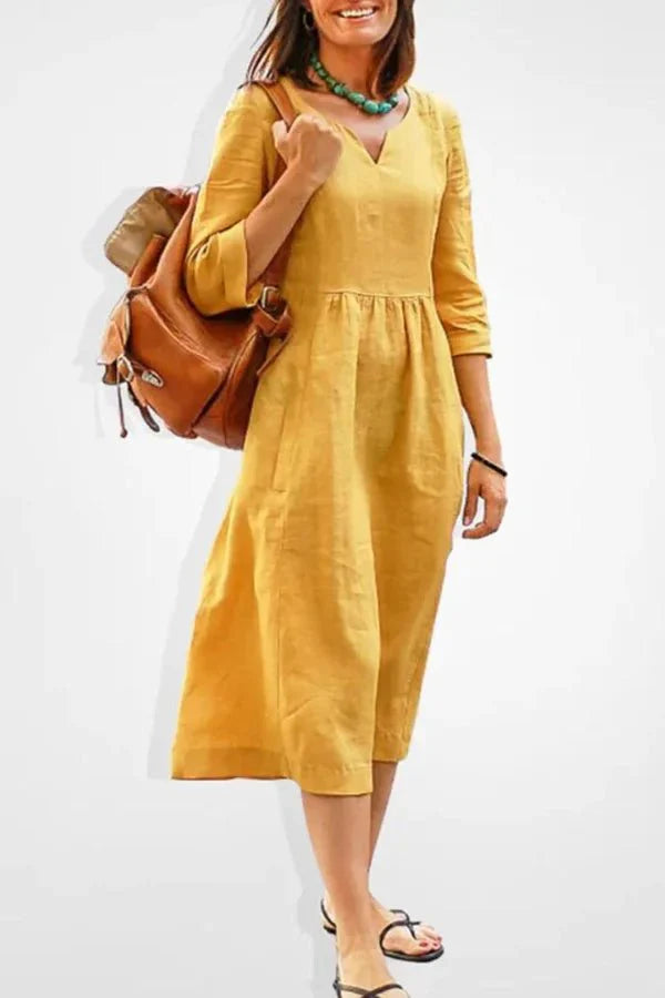 Casual long flowy maxi dress in yellow, front view