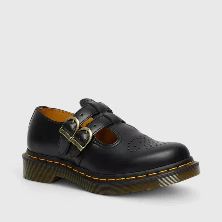 Black Double Buckle Leather Mary Jane Flats, front view