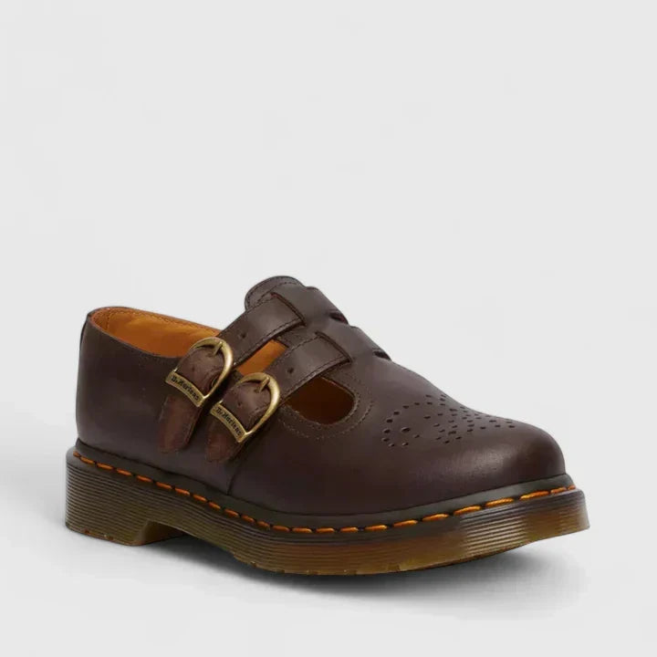 Women's Double Buckle Leather Mary Jane Flats