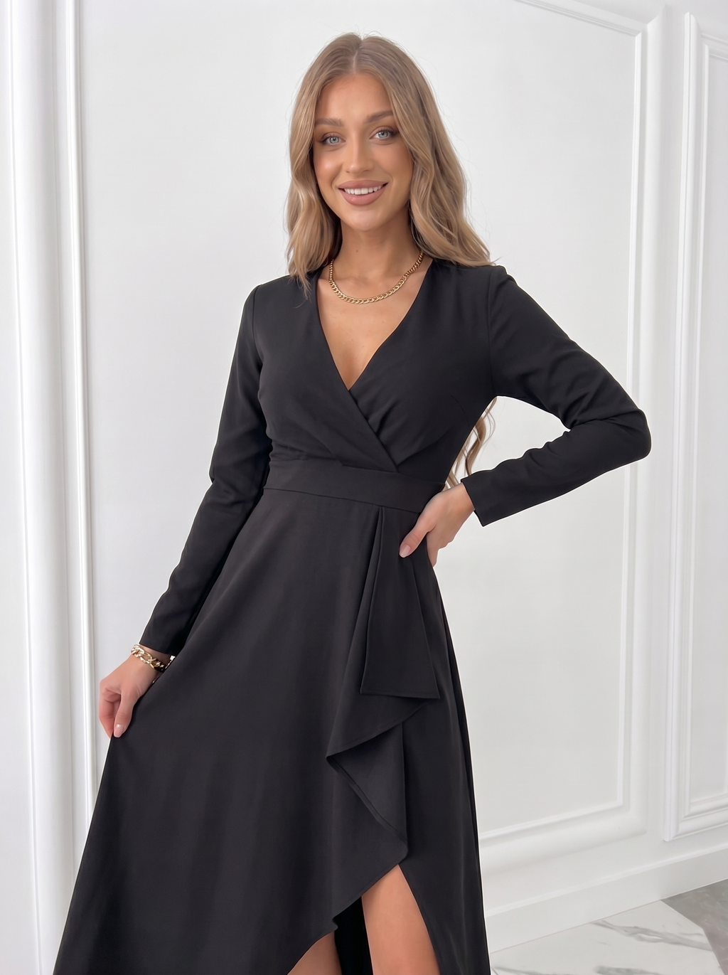 V-neck sheath dress full length rear view
