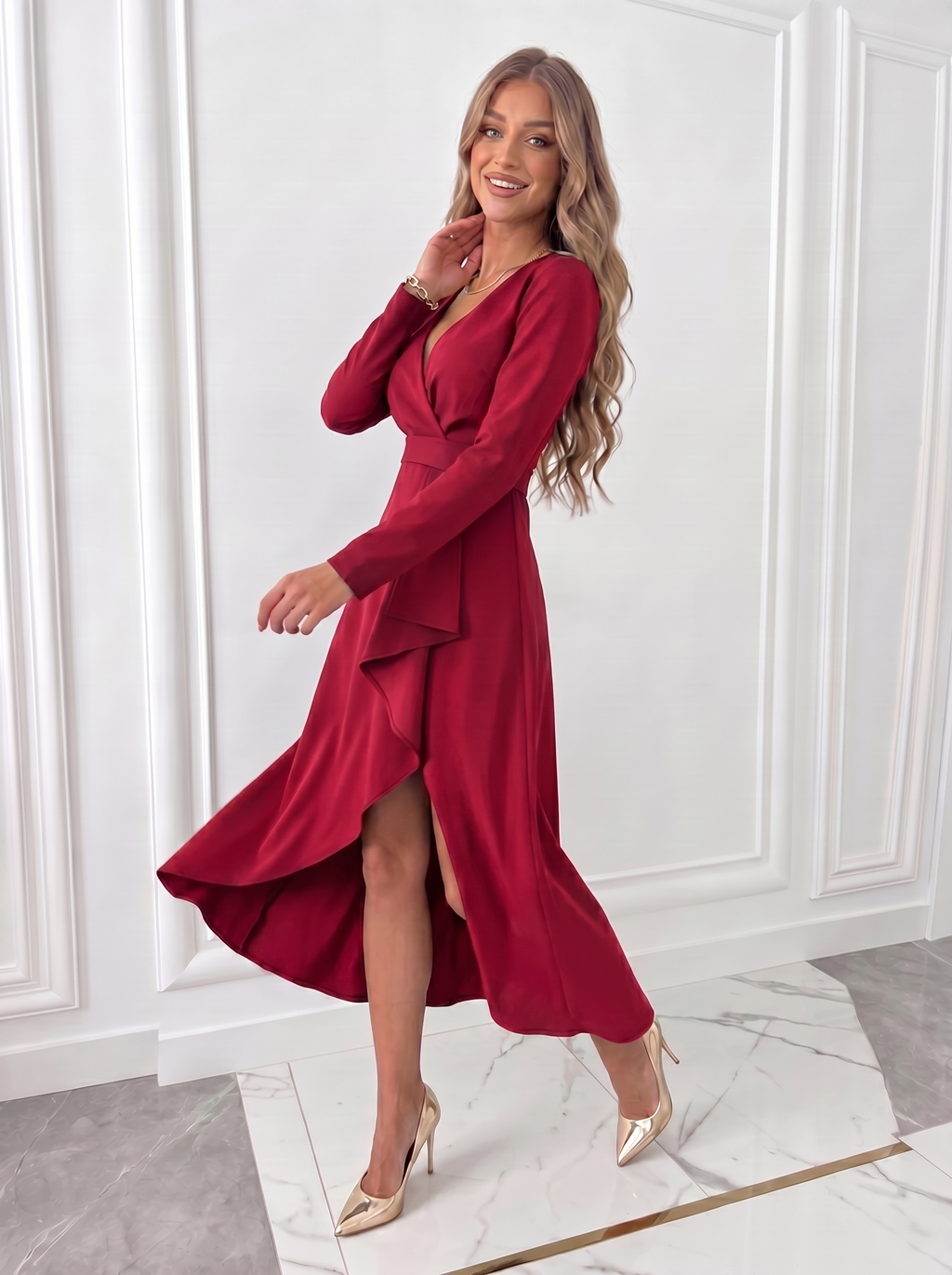 Beige cocktail dress three-quarter view evening