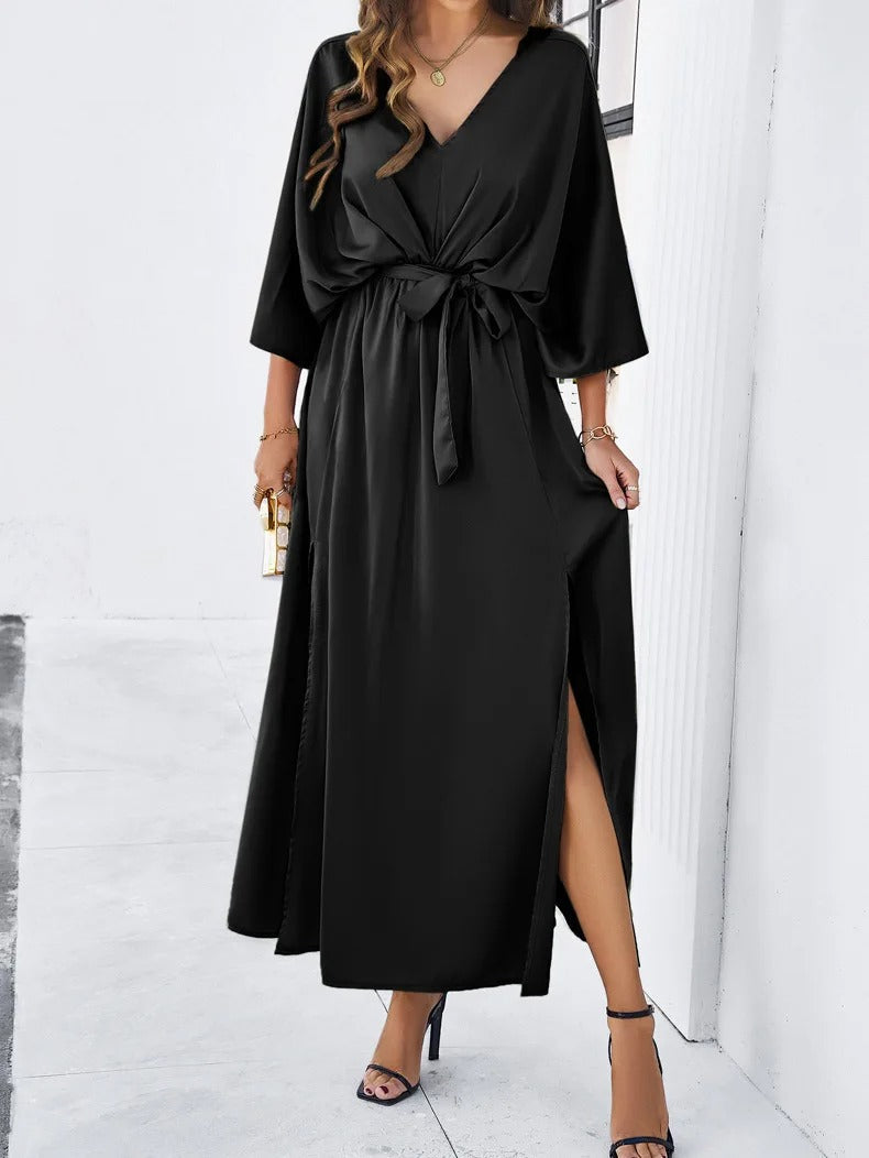 V-neck midi dress three-quarter view styled