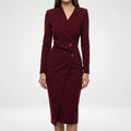 Fitted wrap midi dress with long sleeves, side profile view
