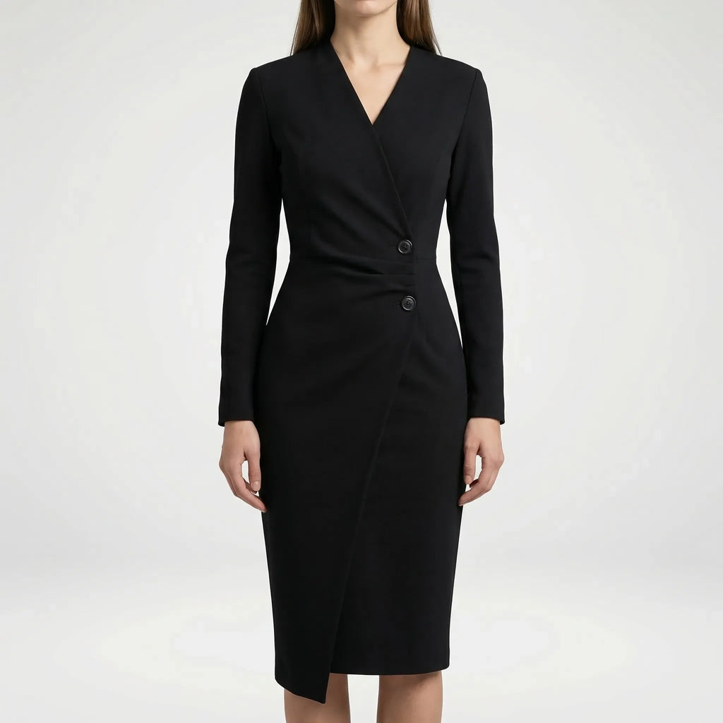 Close-up of V-neckline and wrap bodice detail on long sleeve midi dress