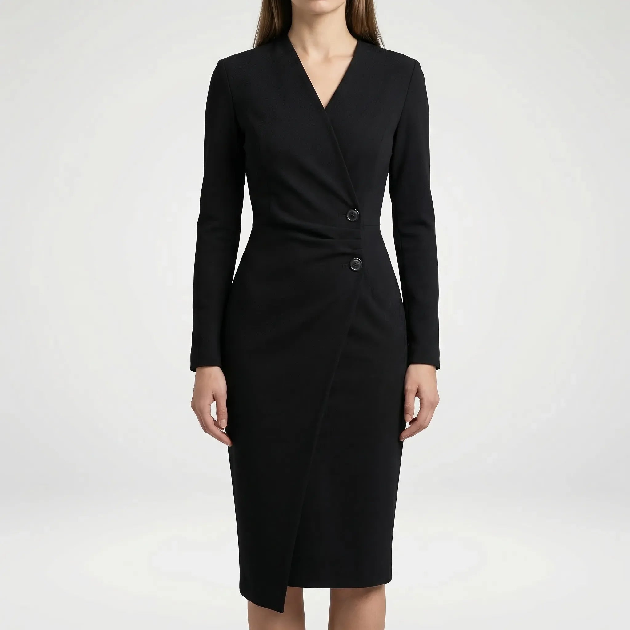 Close-up of V-neckline and wrap bodice detail on long sleeve midi dress
