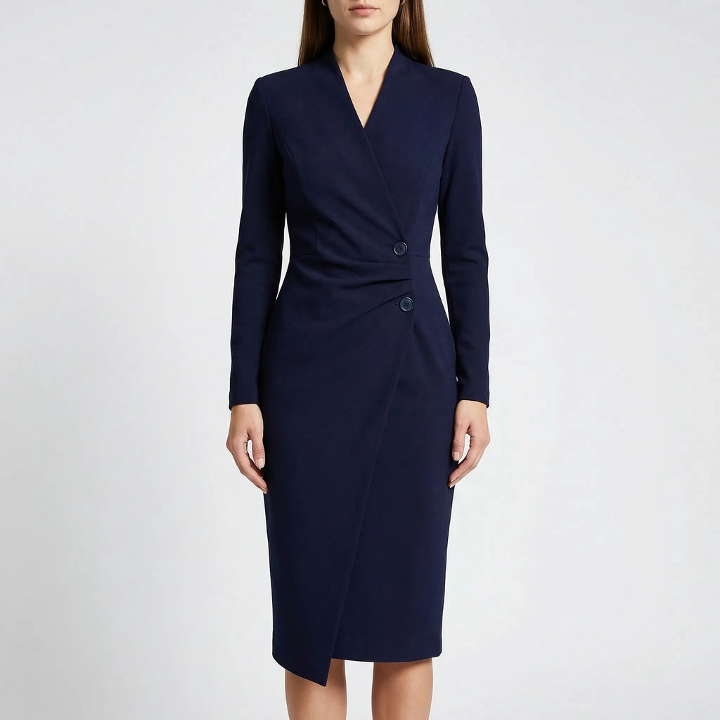 Fitted wrap midi dress with long sleeves in black, alternative colour front view