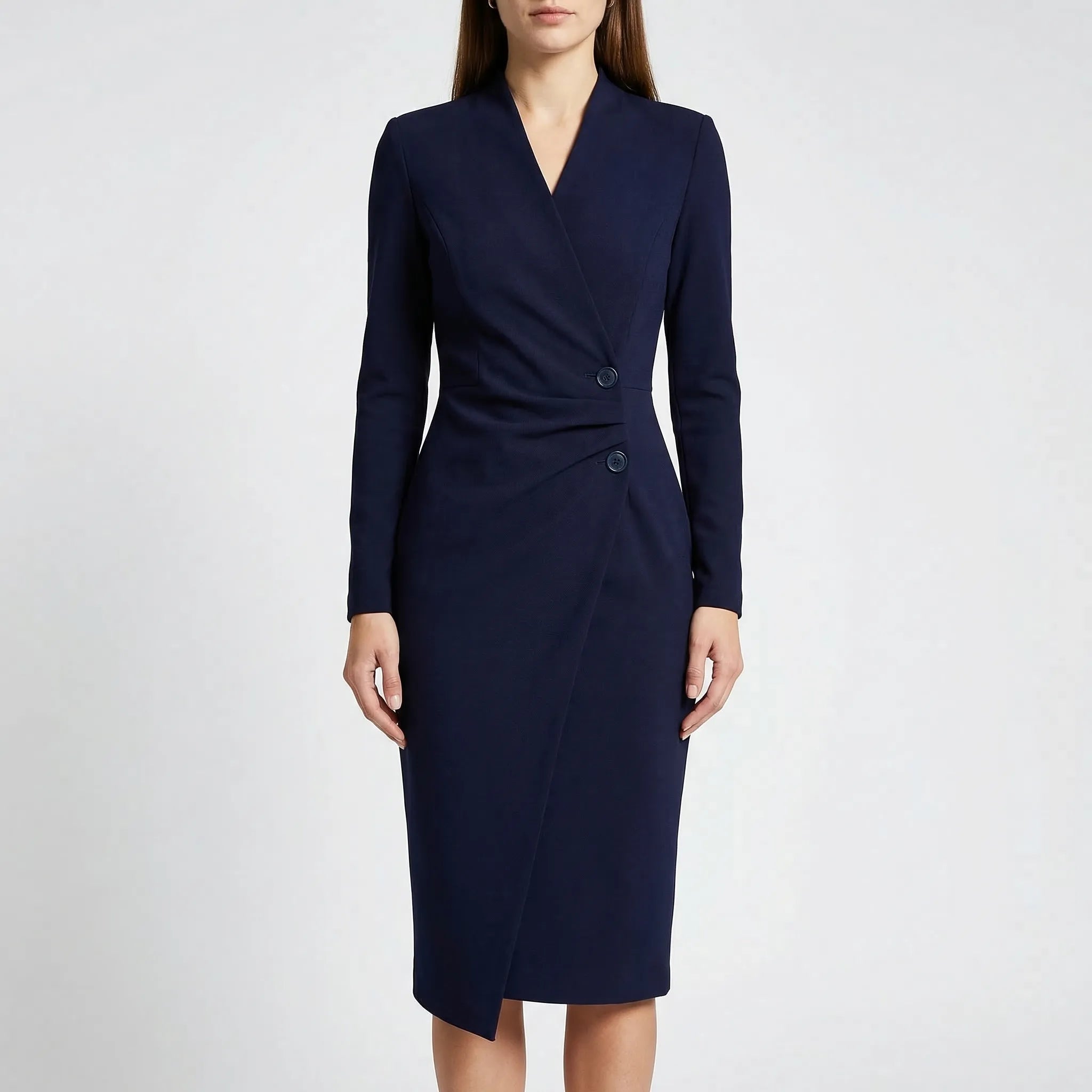 Fitted wrap midi dress with long sleeves in black, alternative colour front view