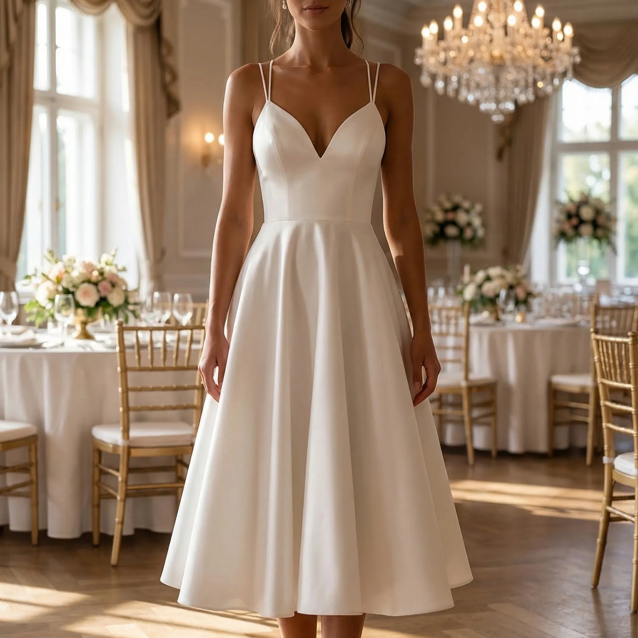Women's sweetheart neck strappy A-line midi dress for weddings, front view
