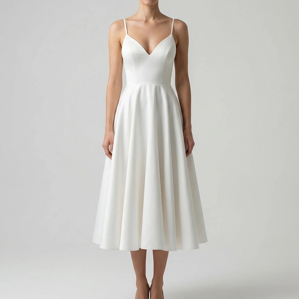 Women's sweetheart neck strappy A-line midi dress for weddings, side profile view