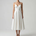 Women's sweetheart neck strappy A-line midi dress for weddings, side profile view