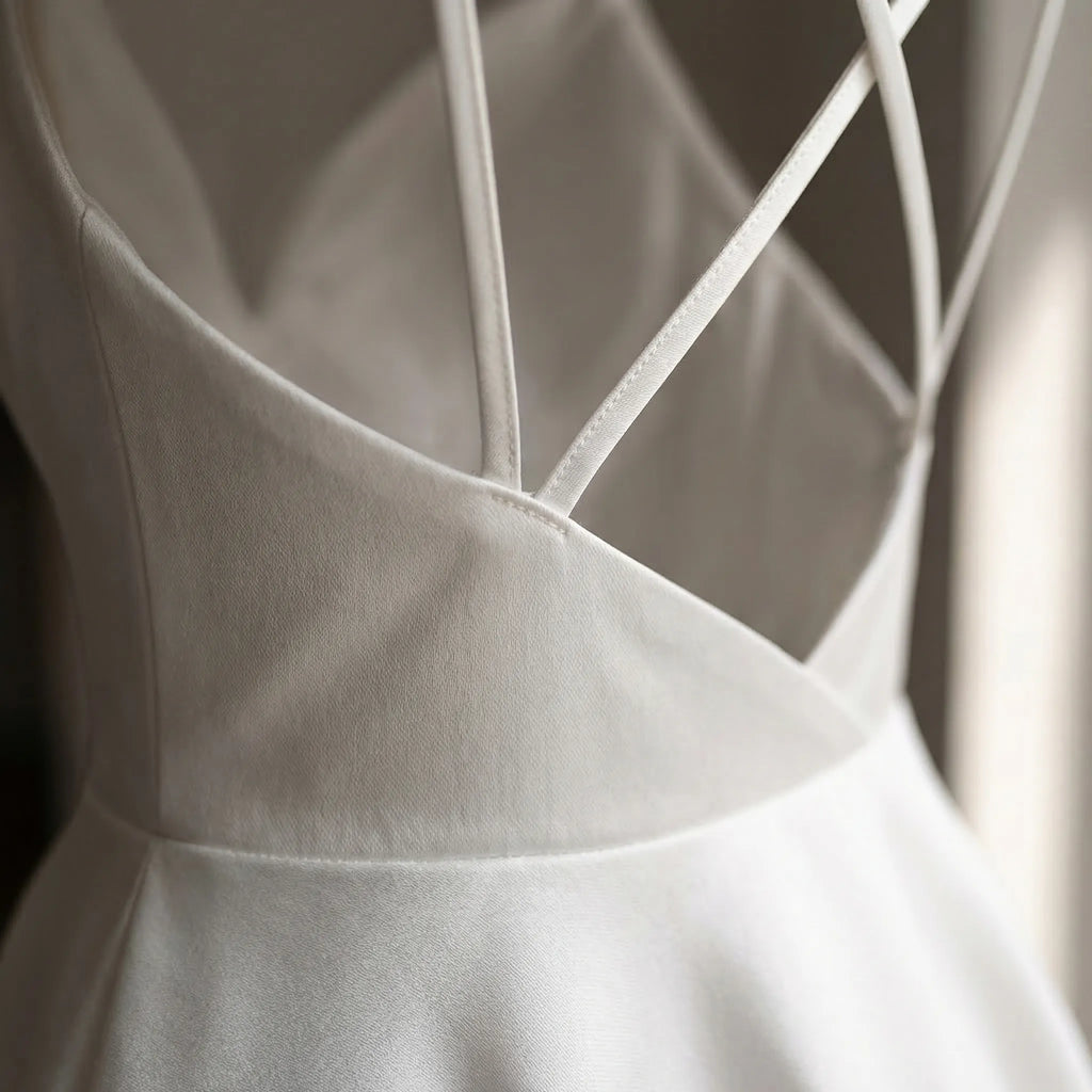 Women's sweetheart neck strappy A-line midi dress for weddings, back view