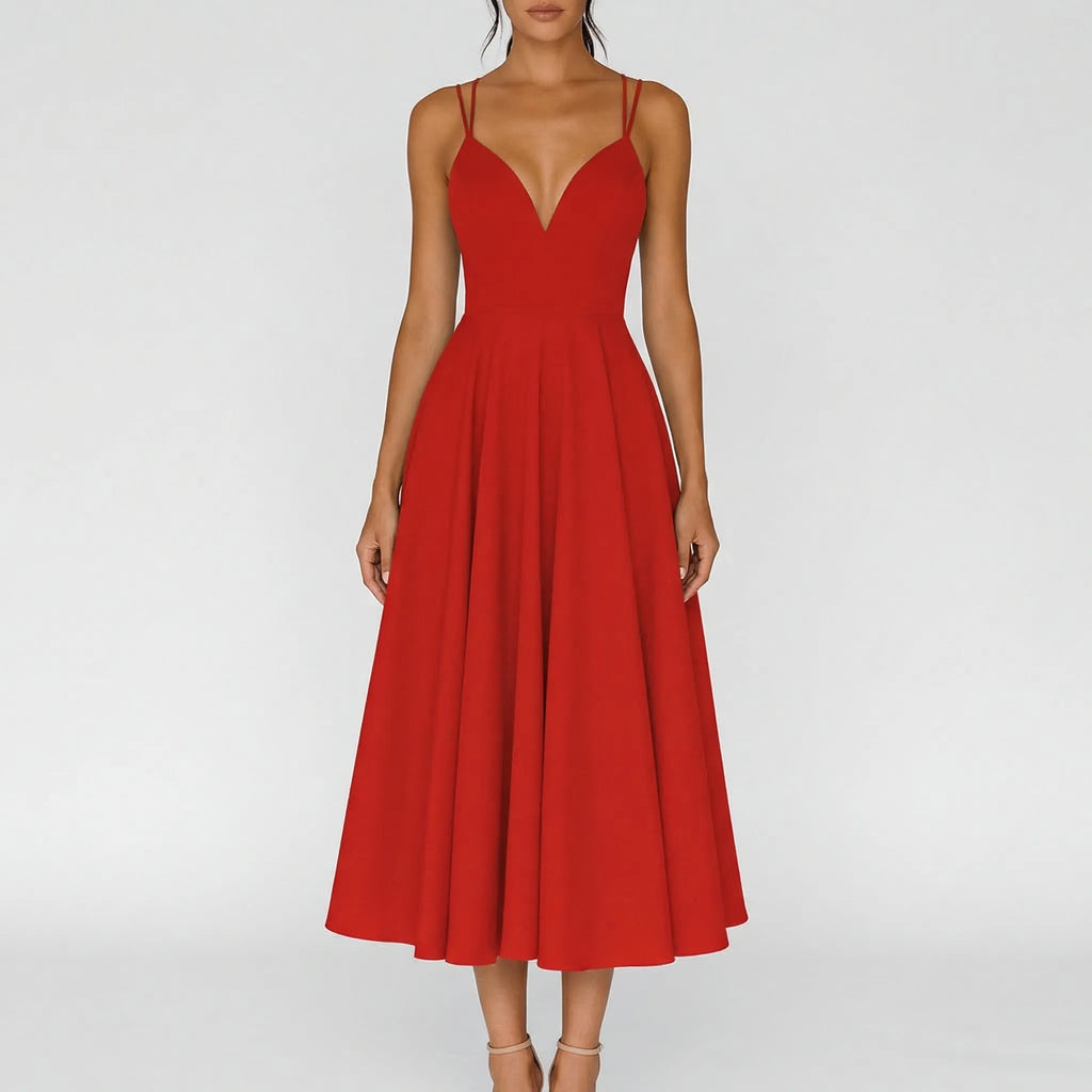 Women's wedding midi dress detail showing sweetheart neckline and double straps