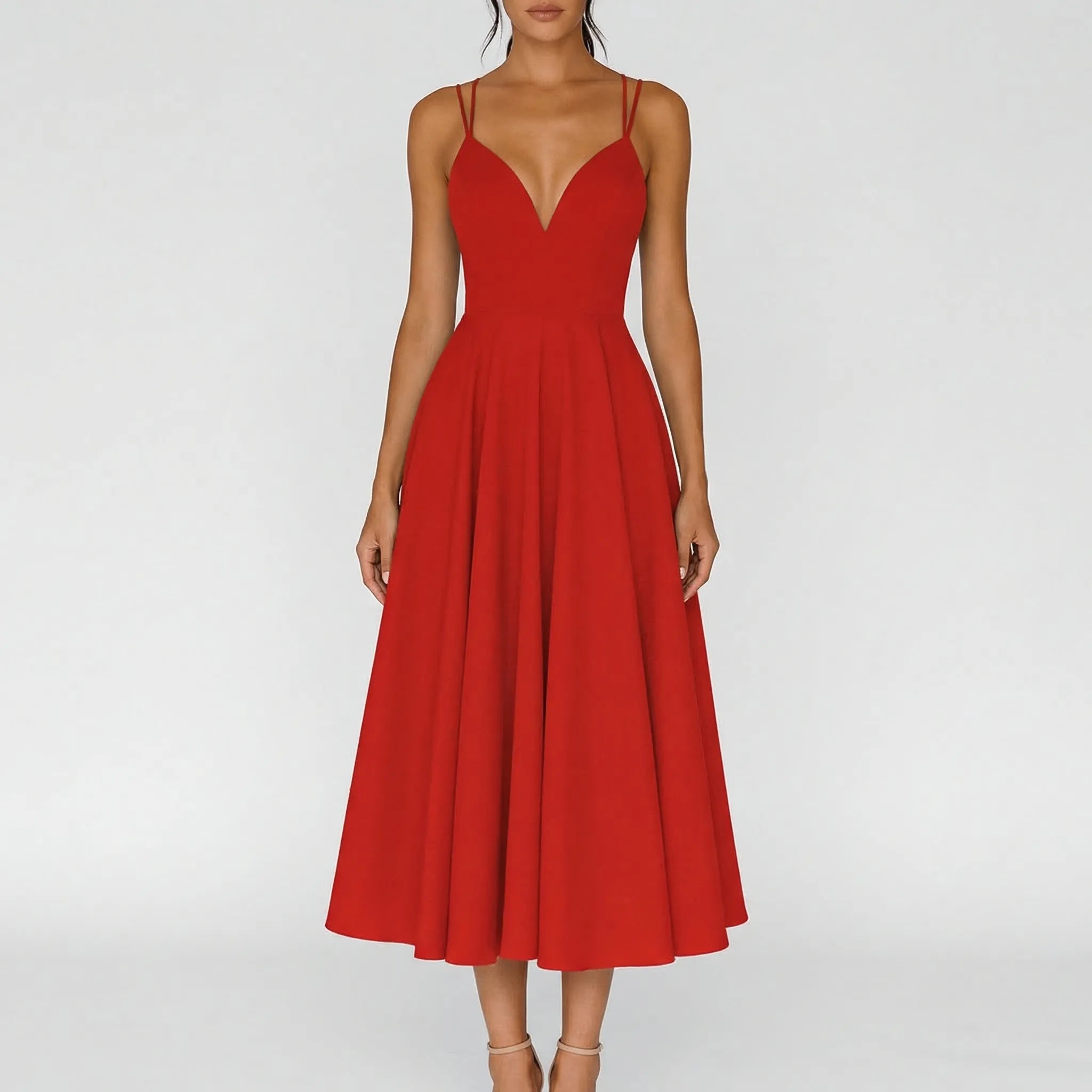 Women's wedding midi dress detail showing sweetheart neckline and double straps