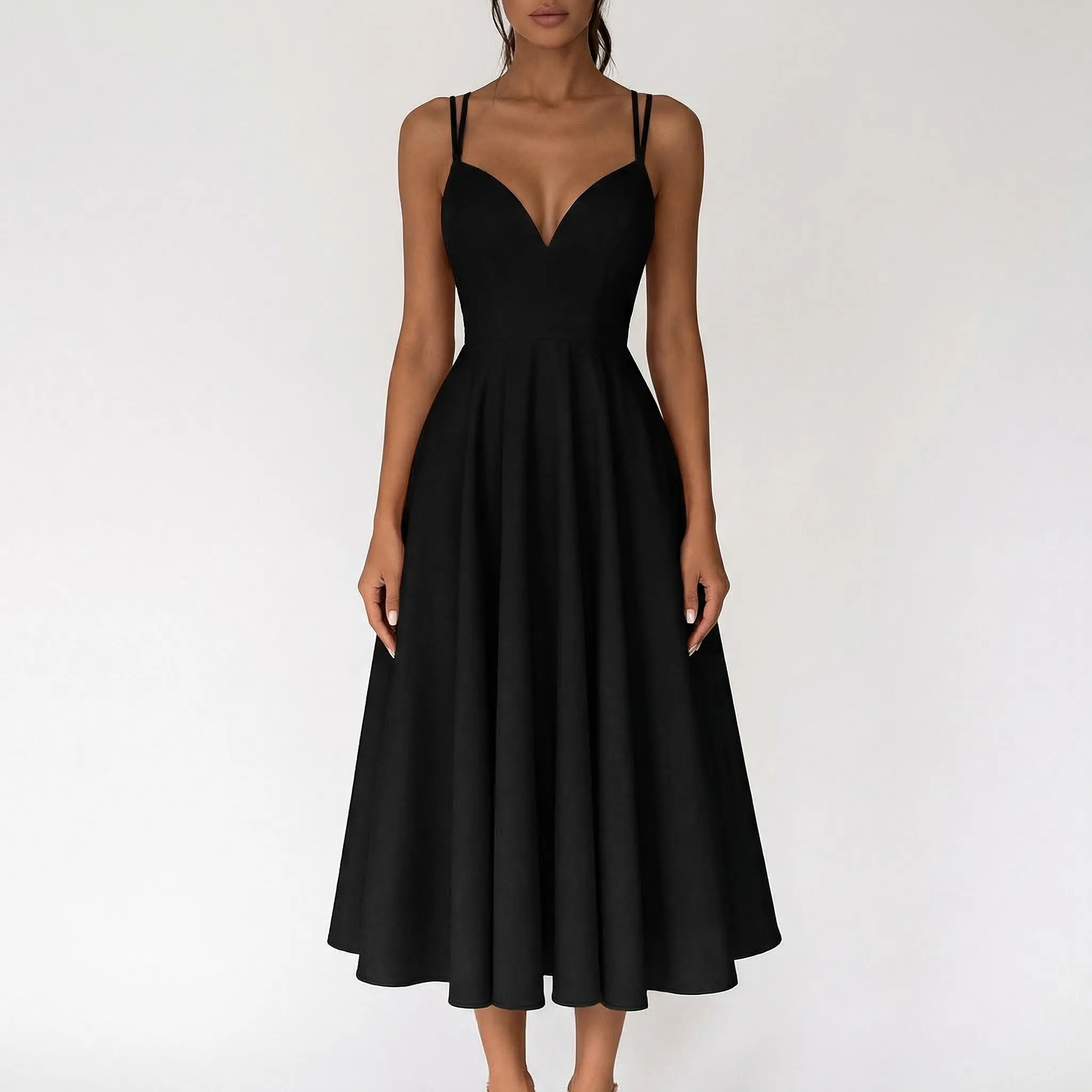 Women's strappy A-line midi dress, full flowing skirt front view