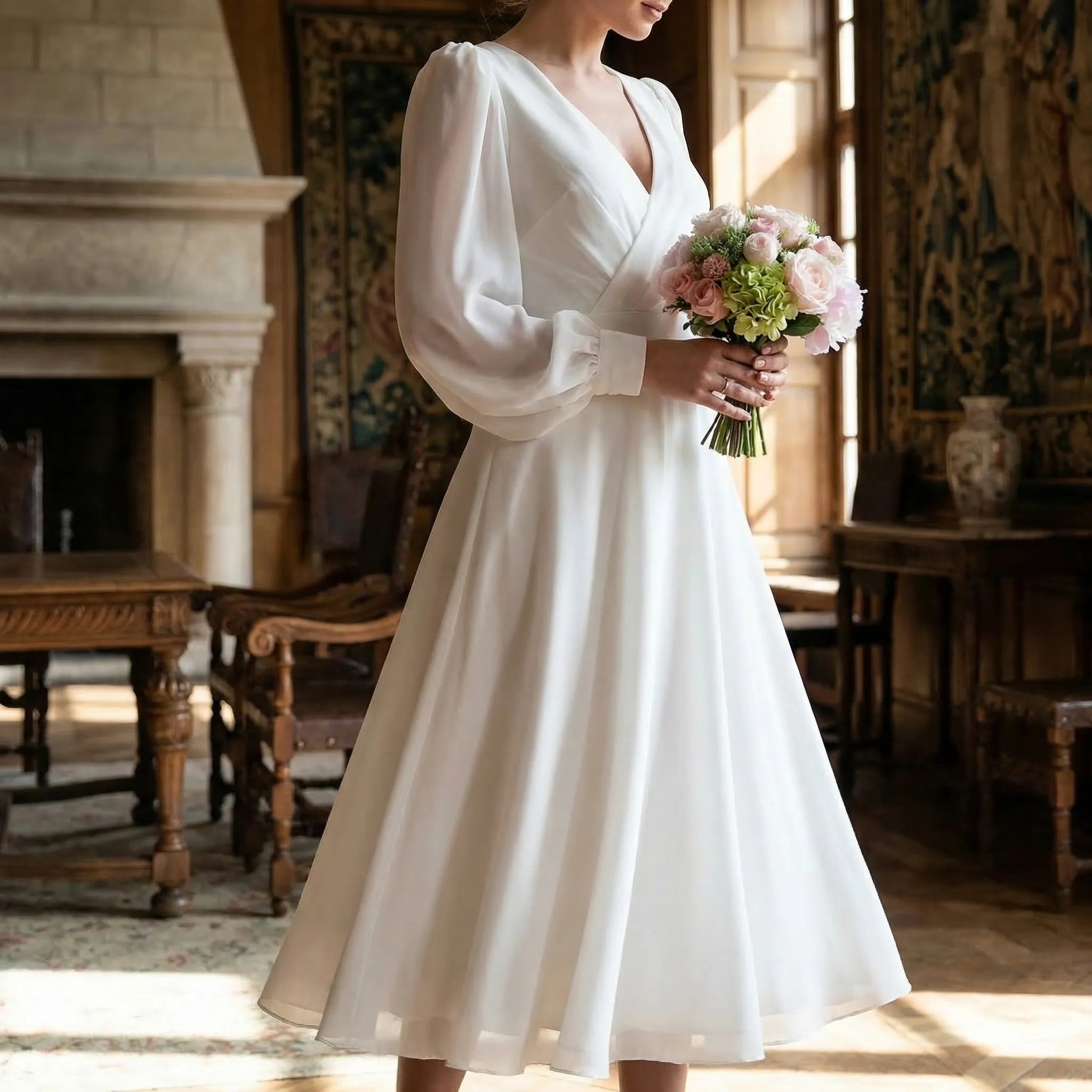 Women's classic long sleeve flowing wedding dress, side profile view